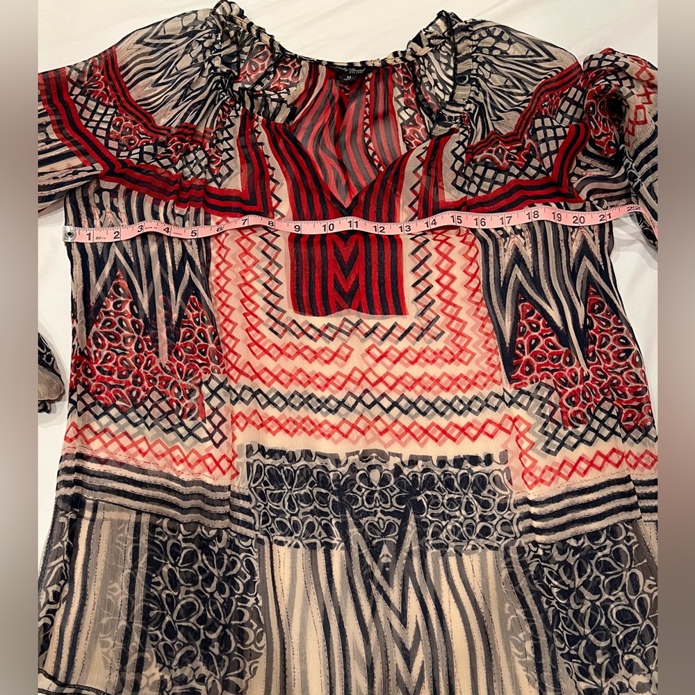 Lucky Brand Vintage Boho Red Tan Blue‎ Ruffle Cuff Sheer Blouse Medium - Picture 2 of 7